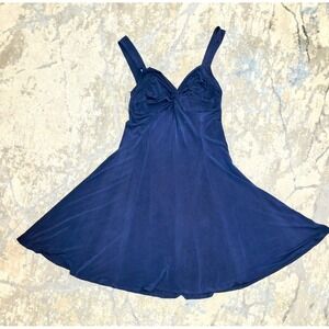Twist Front A-Line Swing Blue‎ Preppy Stretch, Wide Straps, Midi Dress Sz L